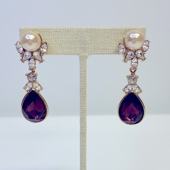 Nolan Miller Glamour Collection Faux Pearl & Amethyst Dangle Drop Earrings - Picture 1 of 8